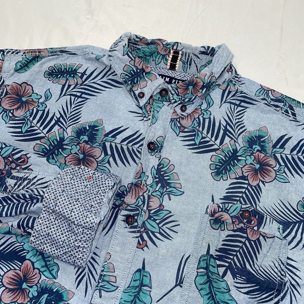 Raw‎ Yarn Industries Slim Fit Tropical Floral Button Down Shirt Mens XL Blue